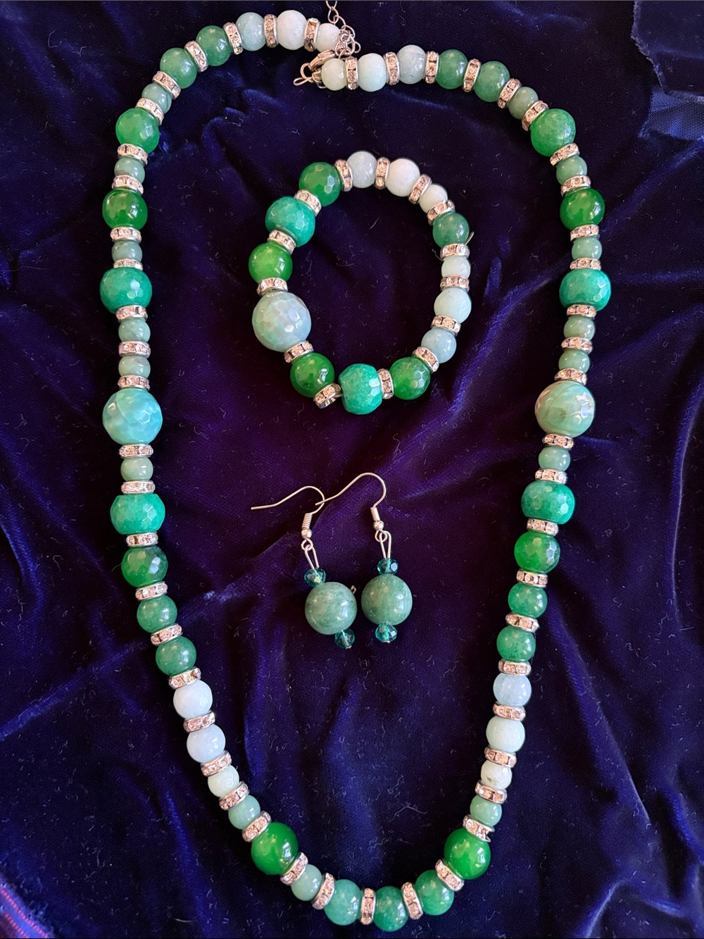 Green natural Gemstone Bead Jewelry Set - Necklace, Bracelet & Earrings